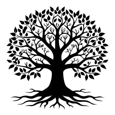 Tarz sahibi bir yaşam ağacının siyah silueti. Karmaşık dalları ve görünür kökleri var. Beyaz bir arka planda izole edilmiş.
