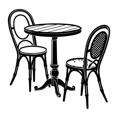 Klasik bir bistro masası ve iki sandalye, açık kafe ya da restoran koltukları için mükemmel, beyaz arka planda izole edilmiş.