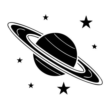 Beyaz zemin üzerinde izole edilmiş halkaları ve yıldızları olan satürn siyah-beyaz çizimi
