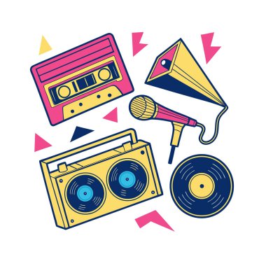 Beyaz arka planda izole edilmiş kaset, teyp, mikrofon ve vinil kayıt içeren Retro müzik simgeleri
