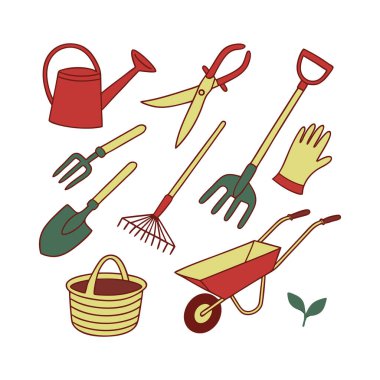 Bahçe aletleri ve ekipman koleksiyonu, su kabı, makas, mala, tırmık, çatal, eldiven ve el arabası, beyaz arka planda izole edilmiş.