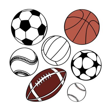 Futbol, basketbol, beyzbol, futbol ve beyaz arka planda izole edilmiş tenis topu gibi çeşitli spor topları koleksiyonu