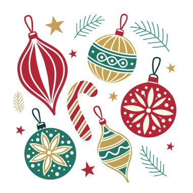 Beyaz arka planda izole edilmiş Noel süsleri, mücevherler, baston şekerler, yıldızlar ve çam dalları da dahil olmak üzere süsler.