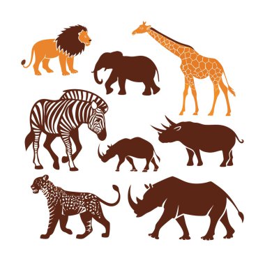 Bir aslan, fil, zürafa, zebra, iki gergedan ve bir çita da dahil olmak üzere Afrika 'daki safari hayvanlarının koleksiyonu beyaz arka planda stilize edilmiş bir grafikle betimlenmiştir.