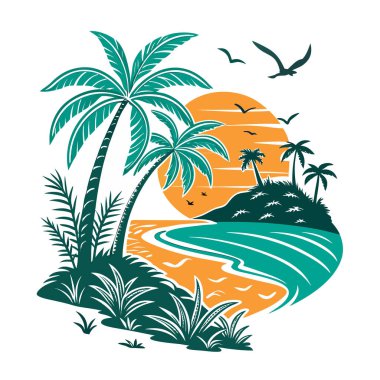 Palmiye ağaçları, okyanus dalgaları ve gün batımında uçan kuşlarla dolu tropik ada cenneti yaz tatili ve rahatlama hissi uyandırıyor.