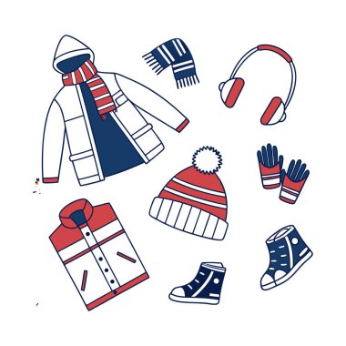 Beyaz arka planda şapka, eşarp, eldiven, ceket, yelek ve botlu kış kıyafetleri koleksiyonu