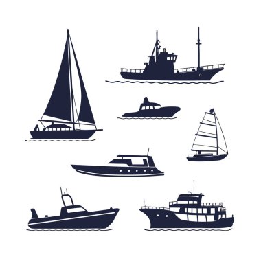 Yelkenliler, motorbotlar ve deniz teması için beyaz arka planda izole edilmiş yatlar da dahil olmak üzere çeşitli tekne siluetleri koleksiyonu