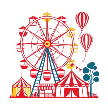 Dönme dolap, sıcak hava balonları ve beyaz arka planda izole edilmiş sirk çadırları olan renkli bir karnaval sahnesi.