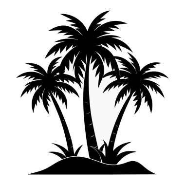 Çimenli küçük bir adada üç palmiye ağacının siyah silueti, beyaz bir arka planda izole edilmiş, tropik bir cennet ve tatil yerini temsil ediyor.