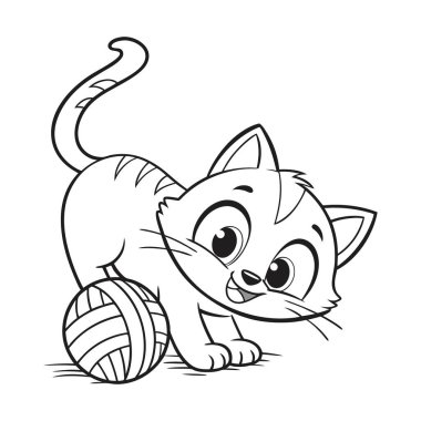 Beyaz arka planda izole edilmiş, çocuk tasarımları için mükemmel iplik yumağıyla oynayan sevimli çizgi film kedisi.