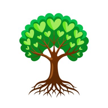 Kalp şeklinde yaprakları ve görünen kökleri olan yeşil ağaç, beyaz arka planda izole edilmiş.