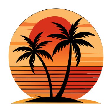 Tropik plaj günbatımı Palmiye ağaçları silueti ve çizgili turuncu gökyüzü