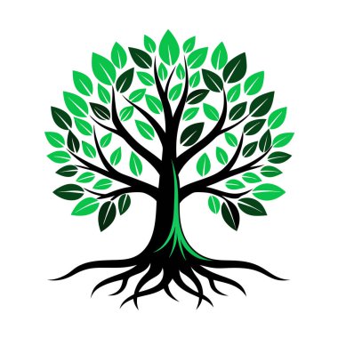 Belirgin kökleri ve beyaz arkaplanda izole edilmiş dalları olan yeşil bir ağacın şekillendirilmiş çizimi