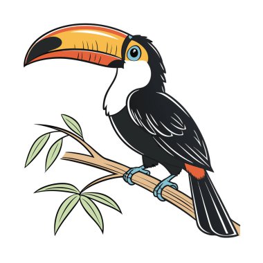 Renkli bir çizgi film Toucan kuşu beyaz arka planda izole edilmiş bir dala tünemişti.