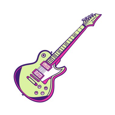 Beyaz arka planda izole edilmiş pembe ve mor aksanlı açık yeşil elektro gitarın stilize edilmiş bir tasviri.