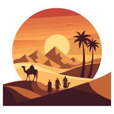 Gün batımında çölde kum tepelerini aşan gezginlerle dolu bir deve kervanı silueti. Arka planda piramitler ve palmiye ağaçları var.