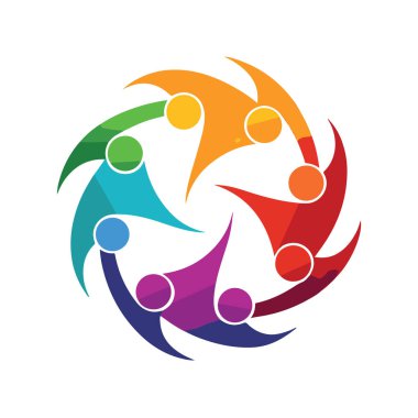 Beyaz arka planda izole edilmiş dairesel bir hareketle takım çalışmasını, birliği ve insanlarla işbirliğini temsil eden renkli soyut logo