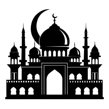 Hilal ay ve yıldızlı büyük bir caminin silueti, beyaz arka planda izole edilmiş, İslami inanç ve kültürü simgeliyor.