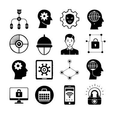 Beyaz arka planda izole edilmiş beyin, vites, kilit, bilgisayar ve cep telefonu gibi teknoloji ve iş simgelerinin toplanması