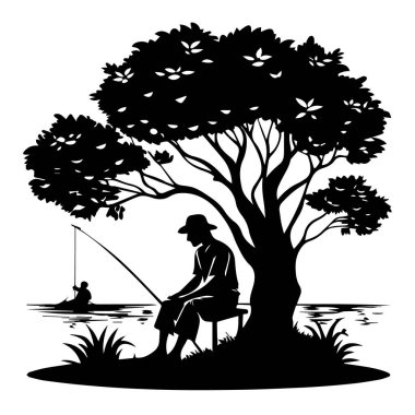 Bir balıkçının silueti, elinde oltayla bir ağacın altında oturuyor. Arka planda bir başka kişi.
