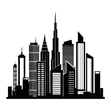 Beyaz arka planda izole edilmiş, yüksek gökdelenleri olan modern şehir manzarası silueti