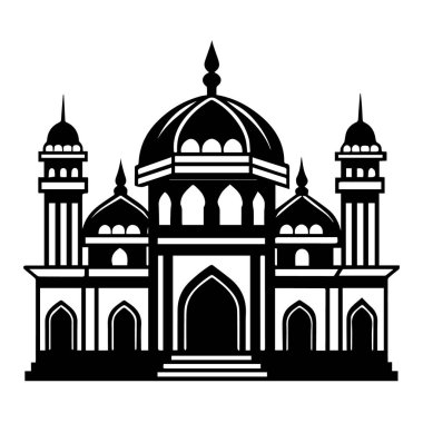 Kubbeleri ve minareleri olan İslami cami, beyaz arka planda izole edilmiş geleneksel bir ibadet ve kültür simgesi.