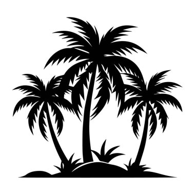Küçük bir adadaki üç palmiye ağacının silüeti, beyaz arka planda izole edilmiş, tropik bir cenneti ve yaz tatilini temsil ediyor.