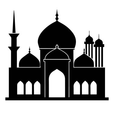 Kubbeleri ve minareleri olan, dini mimariyi ve tapınmayı temsil eden, beyaz arka planda izole edilmiş, geleneksel bir İslami cami silueti.