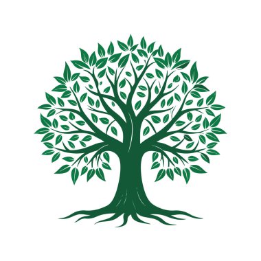 Görünür kökleri ve gür yaprakları olan, beyaz bir arka planda izole edilmiş, büyümeyi ve doğayı sembolize eden stilize edilmiş yeşil bir ağaç.