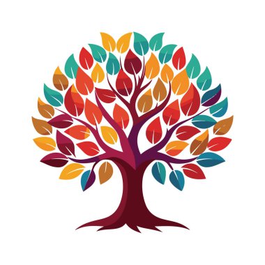 Sonbahar renklerinde renkli yaprakları olan canlı soyut yaşam ağacı, beyaz arka planda izole edilmiş.