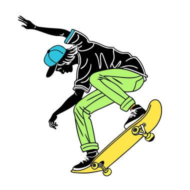 Beyaz arka planda izole edilmiş, gençlik kültürü ve ekstrem sporları sergileyen bir kaykaycının dinamik bir çizimi.