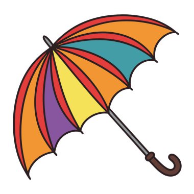 Yağmurdan korunmak için açık renkli bir gökkuşağı şemsiyesi, beyaz bir arka planda izole edilmiş.