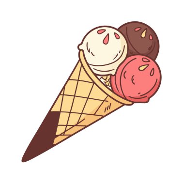 Üç top vanilyalı, çikolatalı ve çilekli leziz bir dondurma külahı. Beyaz arka planda izole edilmiş.