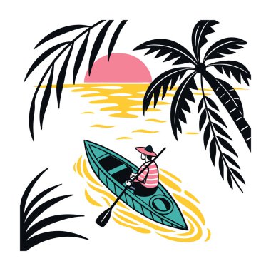 Tropikal günbatımında, beyaz arka planda izole edilmiş palmiye ağaçlarıyla su üzerinde kano yapan kişi.