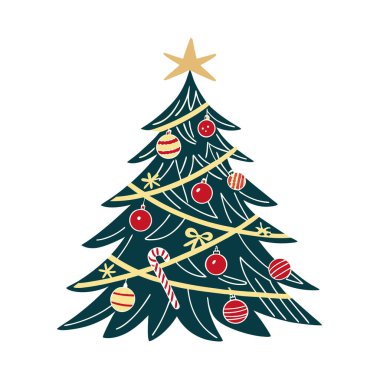 Süsler, çelenkler, baston şekerler ve yıldızlarla süslenmiş, beyaz arka planda izole edilmiş, stilize edilmiş Noel ağacı.