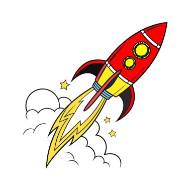 Kırmızı ve sarı çizgi film roketleri, beyaz arka planda izole edilmiş, ateşli egzoz ve yıldızlarla fırlatılıyor.