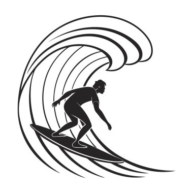 Büyük bir okyanus dalgasına binen bir sörfçünün silueti, beyaz arka planda izole edilmiş siyah beyaz bir illüstrasyon.