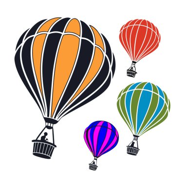 Bir grup renkli sıcak hava balonu havada süzülüyor, beyaz bir arka planda izole edilmiş.
