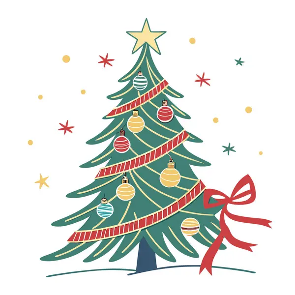 Süslerle süslenmiş bir Noel ağacı, bir yıldız, ve beyaz arka planda izole edilmiş kırmızı bir kurdele.