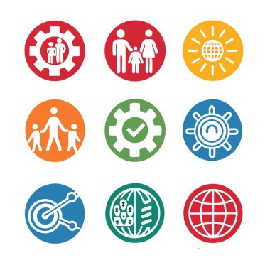 Aile, takım çalışması, yenilik, bilim, sağlık ve küresel bağlantıları temsil eden dokuz dairesel ikonun toplanması, beyaz bir arka planda izole edilmiş