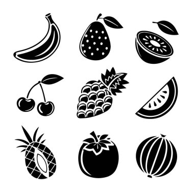 Beyaz arka planda izole edilmiş muz, ananas ve kiraz gibi çeşitli taze meyveleri gösteren canlı siyah beyaz siluet simgeleri.