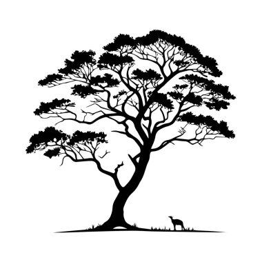 Beyaz arka planda izole edilmiş, altında küçük bir köpek olan geniş, yayılmış bir ağacın siyah silueti.