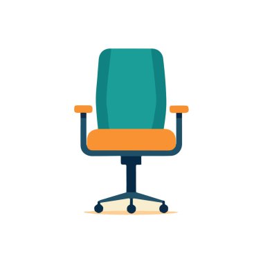 Beyaz arka planda izole edilmiş, turuncu kollukları ve deniz mavisi koltuğu olan modern ofis koltuğu.