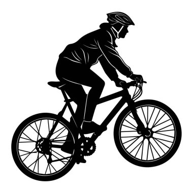 Kasklı bisiklet süren biri, beyaz arka planda izole edilmiş.