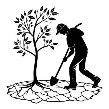 Genç bir ağacın yanında kürekle kazan bir kişinin silüeti. Kökleri açıkta, dikim ve büyümeyi temsil ediyor.