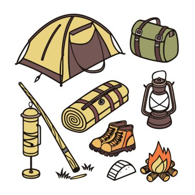 Kamp ve yürüyüş malzemelerinin toplanması. İçinde çadır, uyku tulumu, bot, fener ve kamp ateşi de var. Açık hava macerasını ve seyahat gereksinimlerini temsil ediyor.