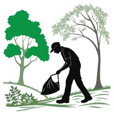 Ağaçlar ve çimenlerle dolu bir parkta çöp toplayan bir adamın silueti çevresel temizlik ve koruma çabalarını simgeliyor.