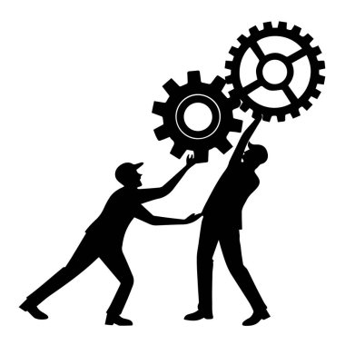 Dişlileri kaldırmak ve birbirine bağlamak için birlikte çalışan iki insan silueti, beyaz arka planda izole edilmiş takım çalışması ve işbirliğini sembolize ediyor