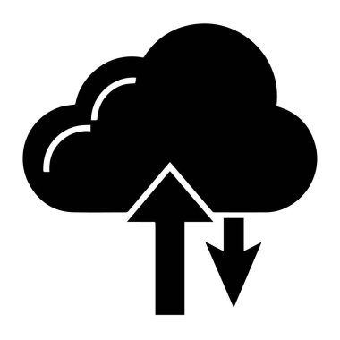 Okları yükleyip indiren, veri transferi ve bulut hesaplamasını temsil eden, beyaz arkaplanda izole edilmiş bir bulutun siyah silüeti