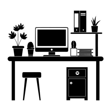 Bilgisayarlı, bitkili, kitaplı ve depolanmış, ev ofisini veya çalışma alanını temsil eden, beyaz arka planda izole edilmiş bir masanın siyah silüeti
